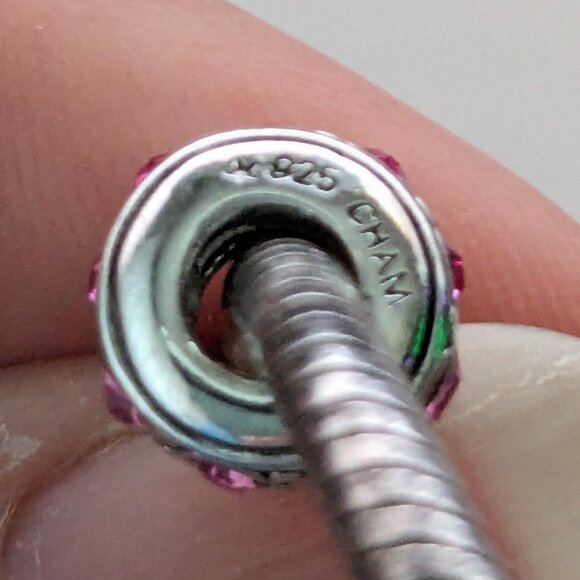 CHAM 925 Sterling Silver 3 Charm Breast Cancer Awareness Snake Bracelet - Picture 4 of 7